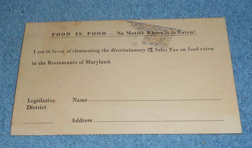 Vintage Maryland Restaurant 2% Sales Tax Repeal Petition Card Or Postcard Unused