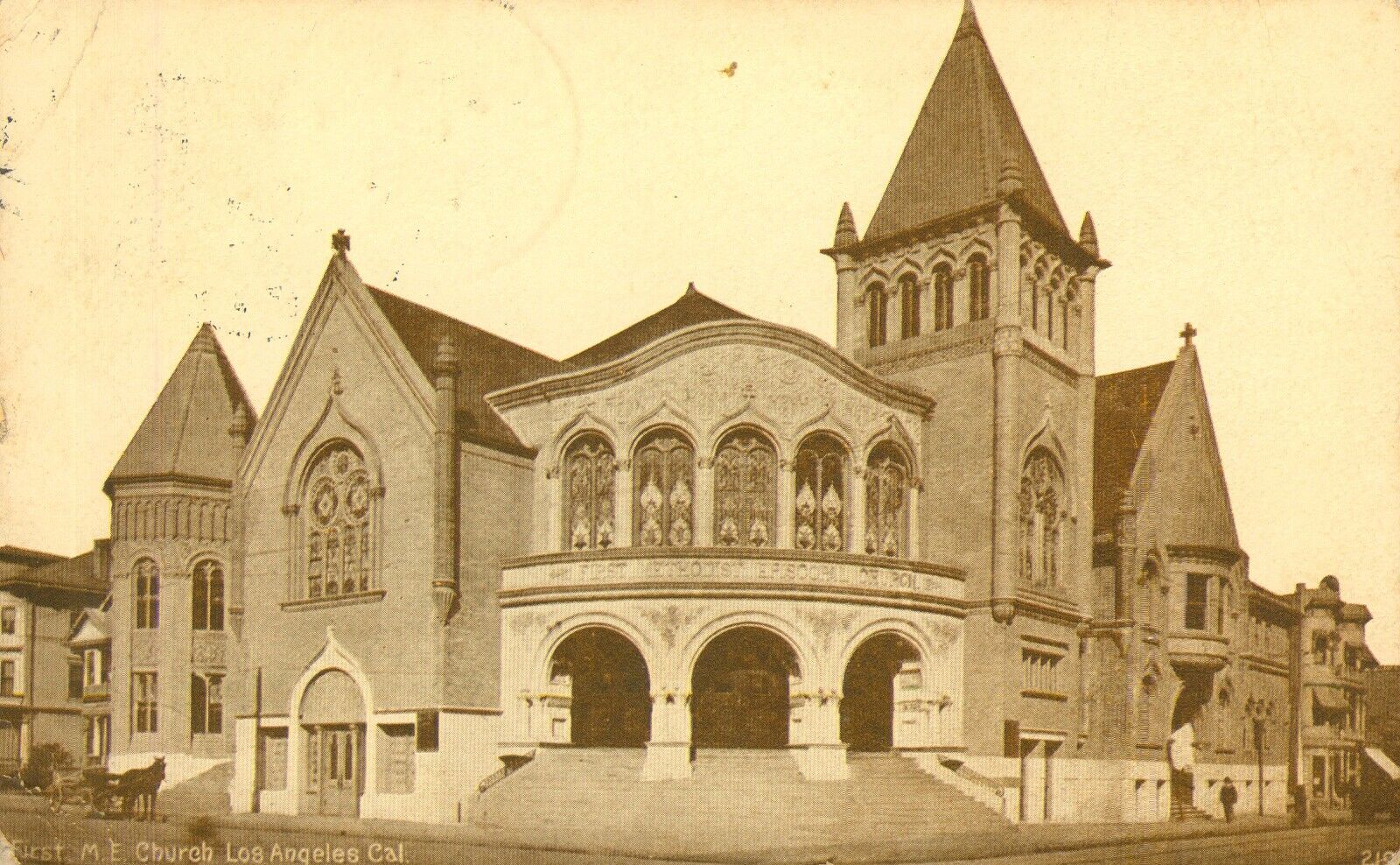 ANTIQUE 1911 Postcard LOS ANGELES, California FIRST M.E.CHURCH Horse Drawn Cart
