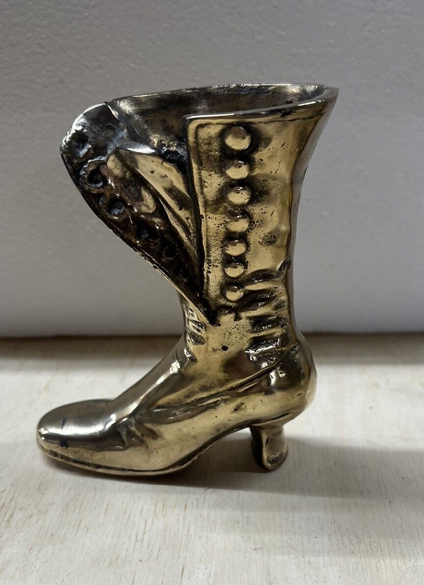 Vintage Polished Brass Victorian Women's Button Up Boot, Planter, Decor, Vase,