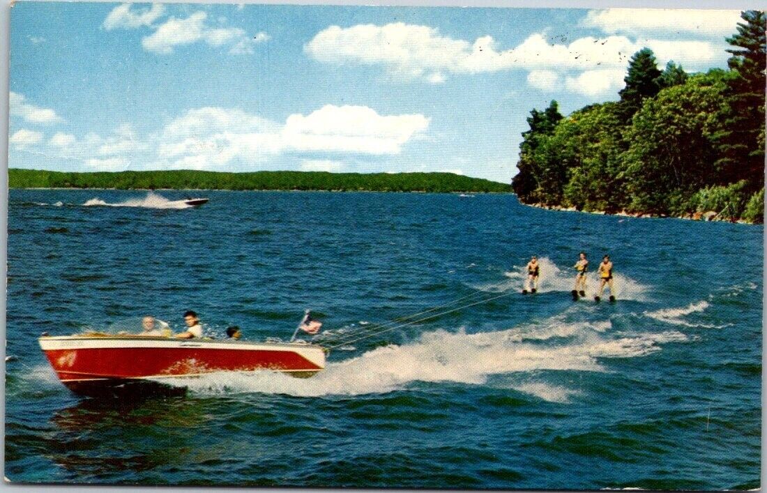 Gun Lake Michigan 1962 Water Skiing Vintage Chrome Postcard B14