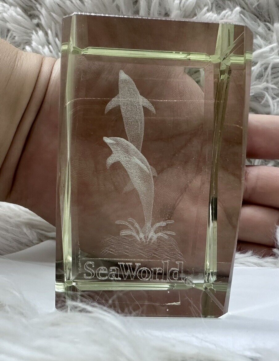 Seaworld Dolphin Crystal Laser Engraved Paperweight 