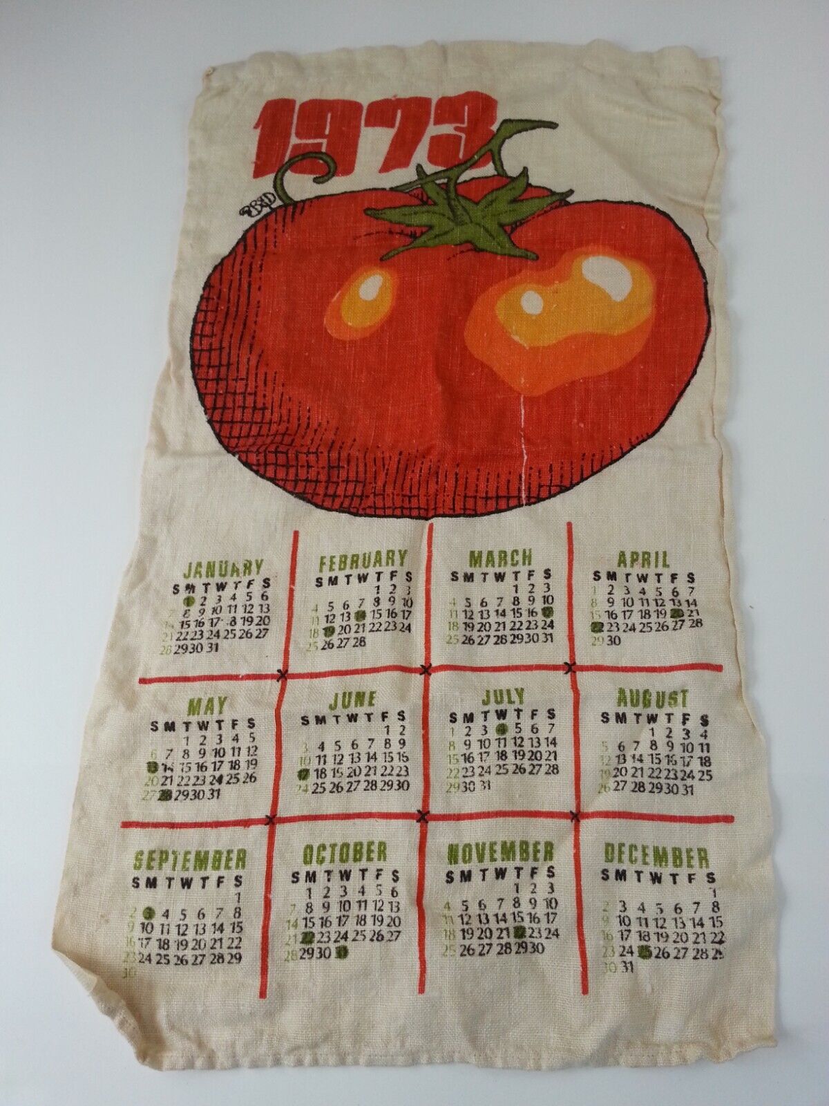Retro Vintage 1973 Fabric Linen Cloth Calendar Tomato 26.5\