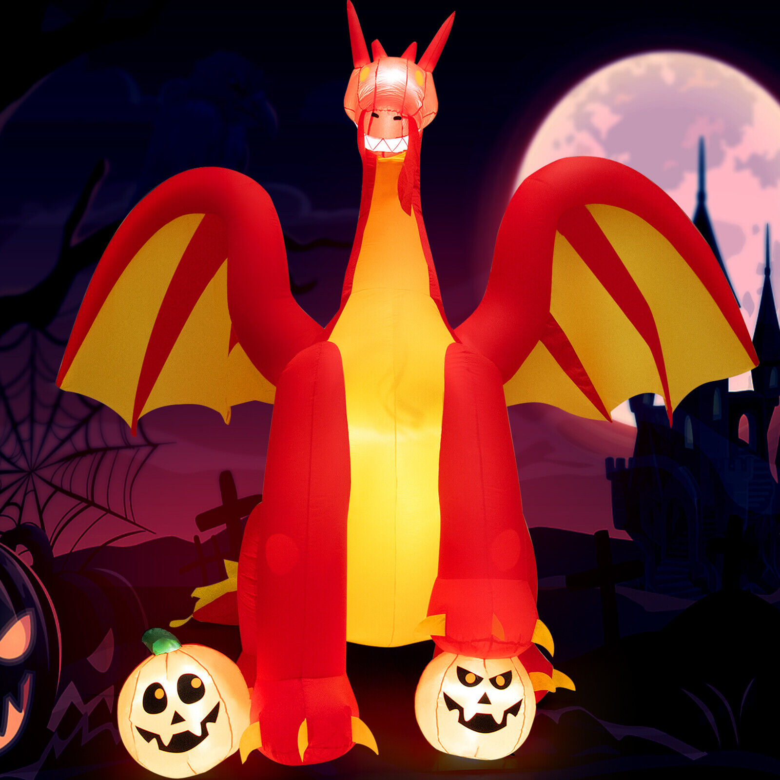 10 FT Inflatable Outdoor Halloween Decor Giant Animated Fire Dragon w/Lights