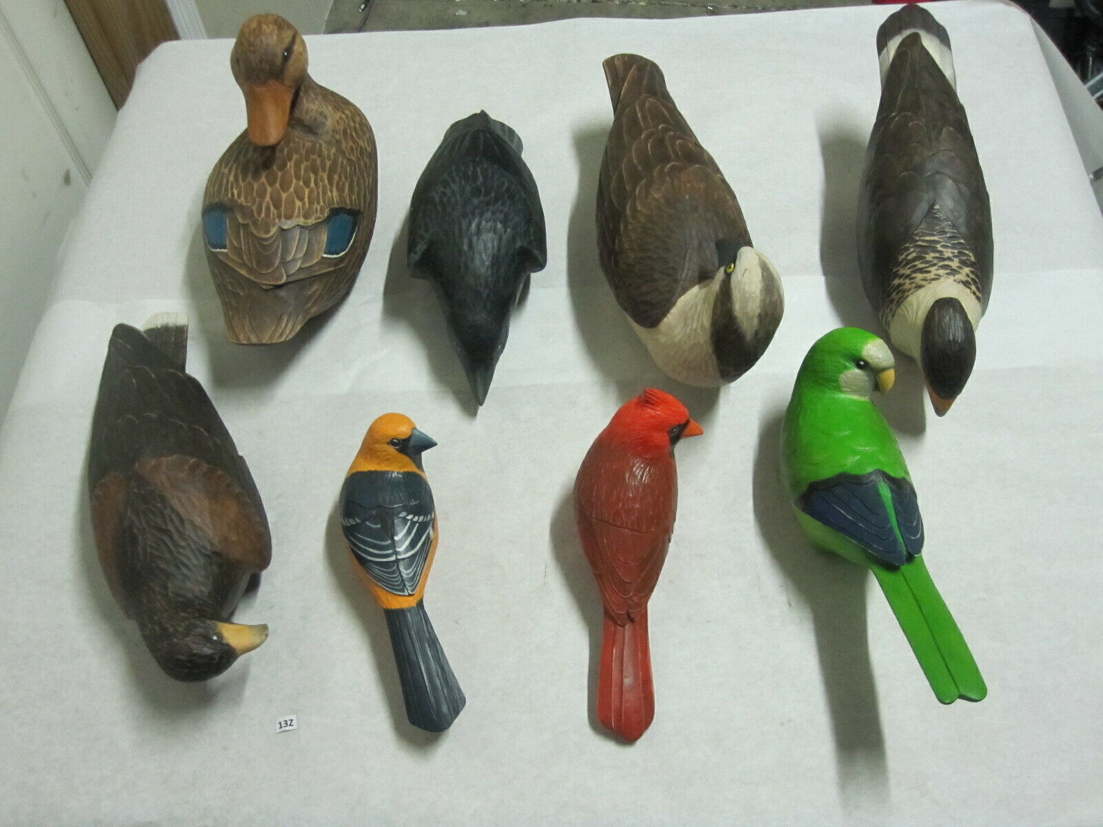 8 Various Birds Wooden Hand Carved Figure Duck Raven Parrot Hawk Cardinal