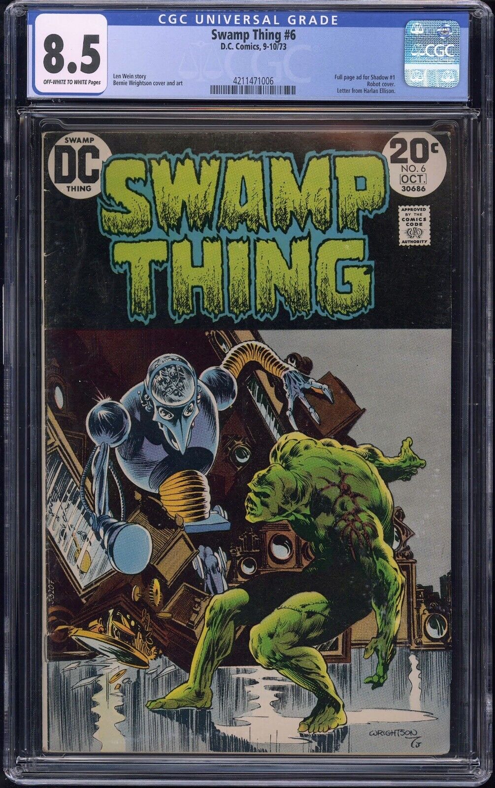 Swamp Thing #6 CGC 8.5 VF+ Key Letter from Harlan Ellison|Robot 1973 DC Comics