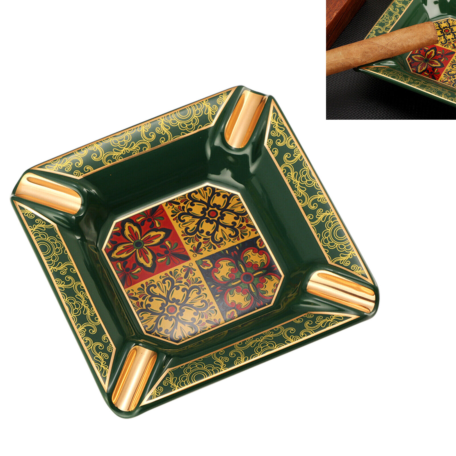 Lubinski Luxury Ceramic Cigar Ashtray 4CT Holder Large Square Art Deco Gift Box