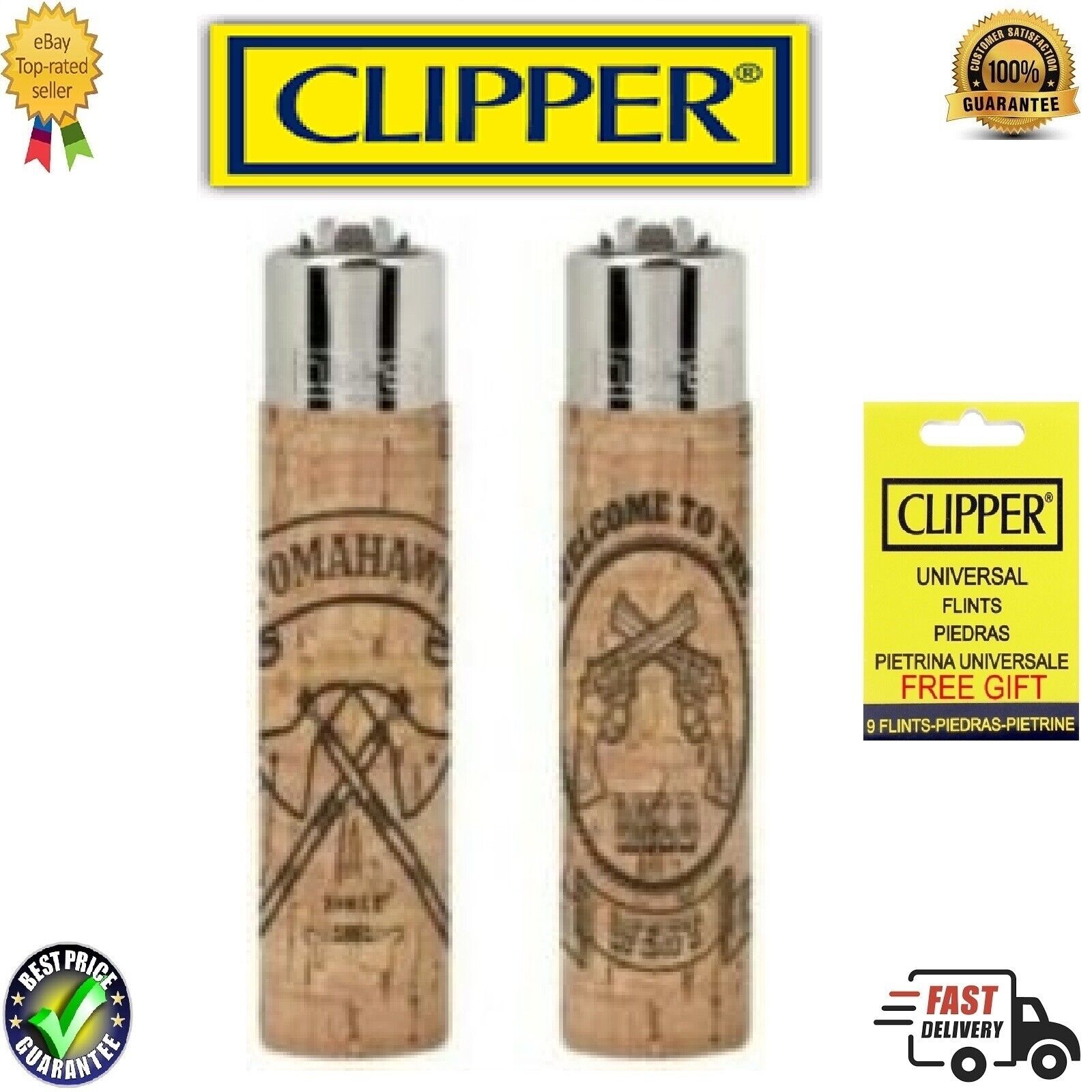 2 x Clipper Lighters + NATURAL CORK #2 Covers COWBOYS & INDIANS Design Full 