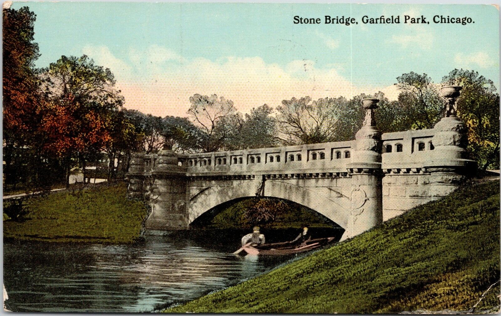 Chicago Illinois~West Side: Garfield Park~Rowboating Under Stone Bridge~1912