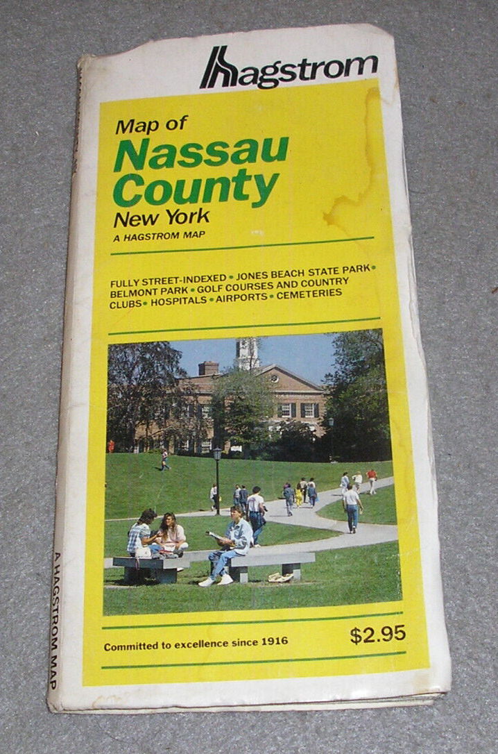 Nassau County Road Map Long Island New York NY Streets Fold out Hagstrom 1987