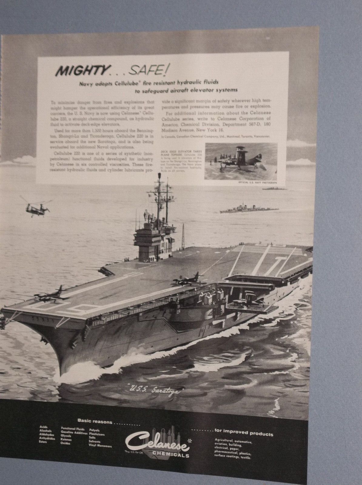 1956 CELANESE CHEMICALS AD W/ U.S.S. SARATOGA AIRCRAFT CARRIER