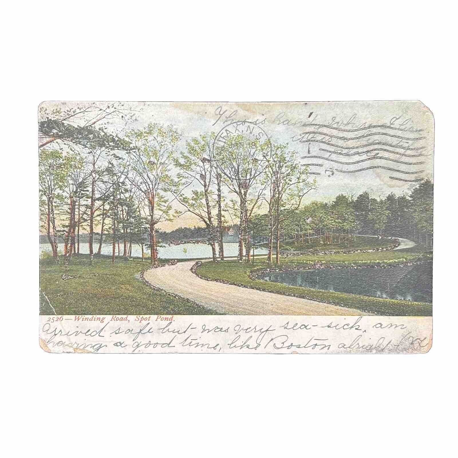 1907 Vintage Post Card: Winding Road , Spot Pond. With Postmarks