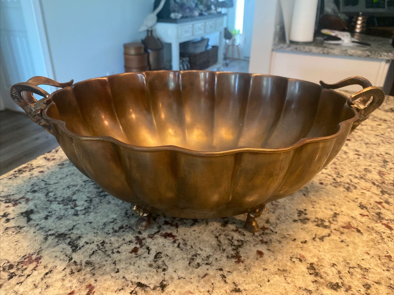 Vintage Italian Brass Rams Heads Bowl Scalloped Footed With Handles 
