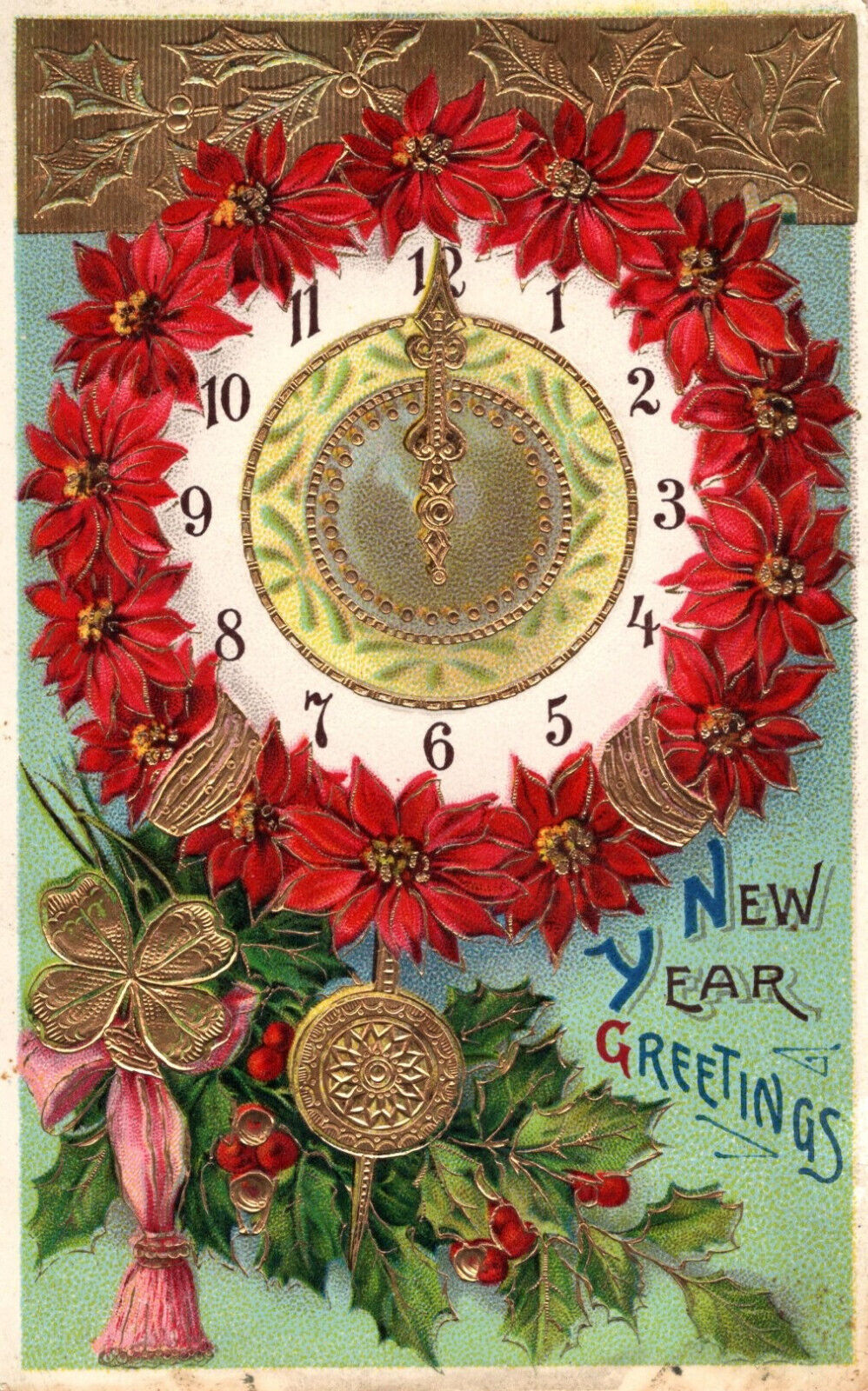 Vintage New Year Greetings Poinsettias Round Clock Postcard