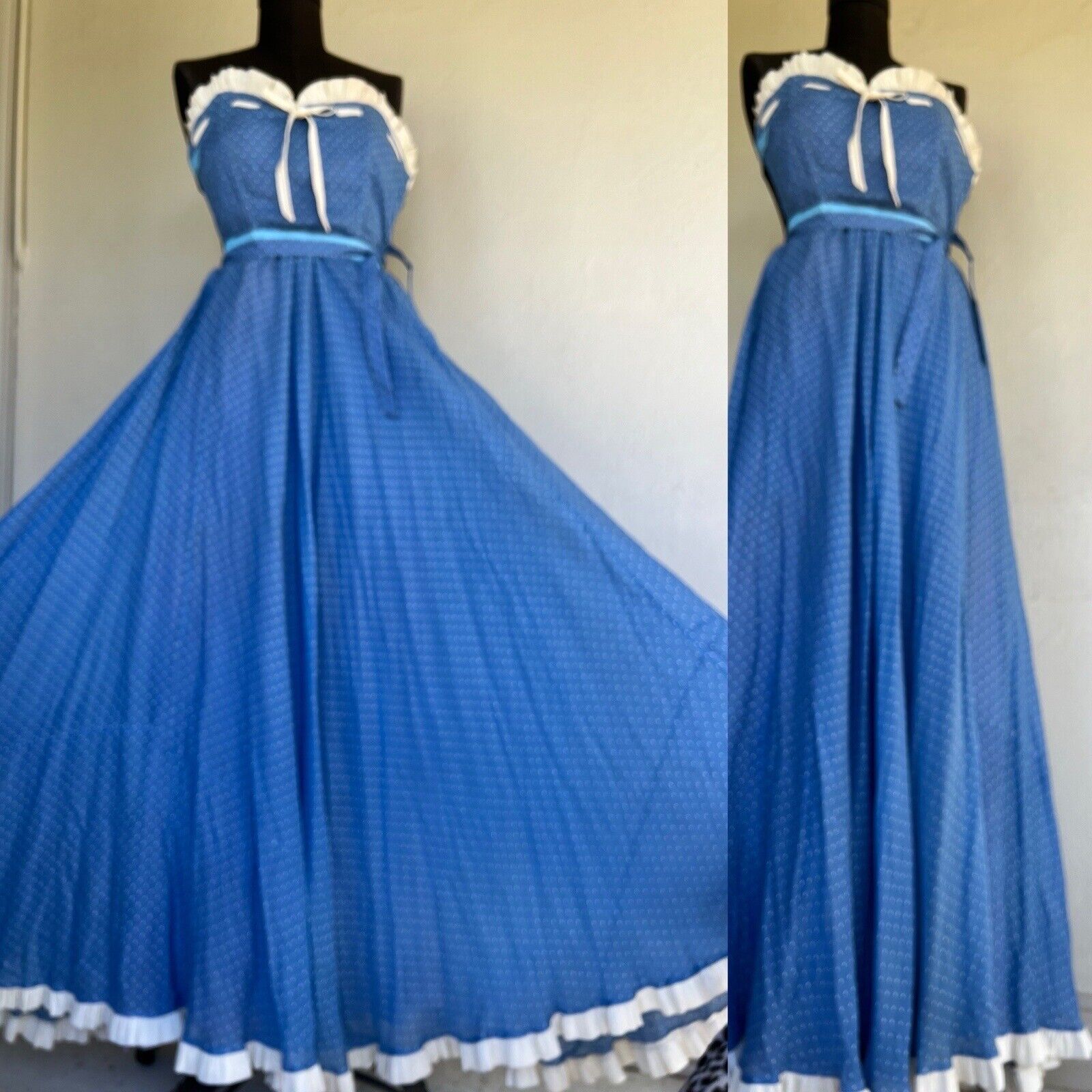 VTG 50s 60\'s Turquoise Raise Polka Dots Embroidery Ruffle Full Sweep Gown Prom S