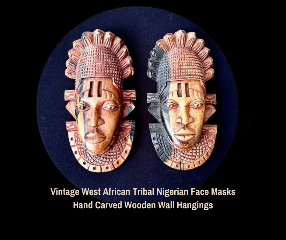 Vintage West African Tribal Nigerian Face Masks Hand Carved Wooden Wall Hangings