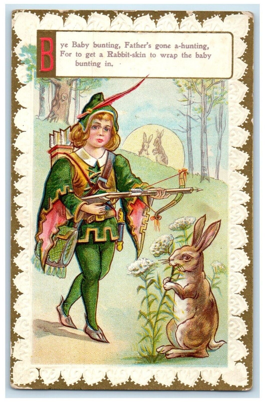 c1910\'s Boy Hunting Rabbit Skin Flowers Cross Bow Embossed Antique Postcard