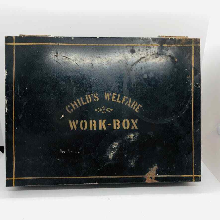 Antique Early 20th Century Black Tin metal box Child\'s Welfare Work-Box