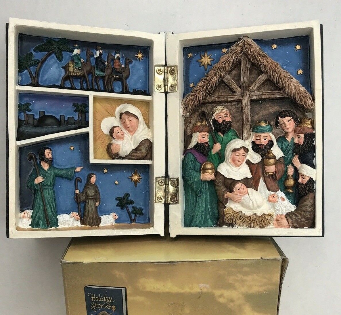 Vtg Holiday Stories Nativity Set Christmas Resin Book Figurine Original Box EUC