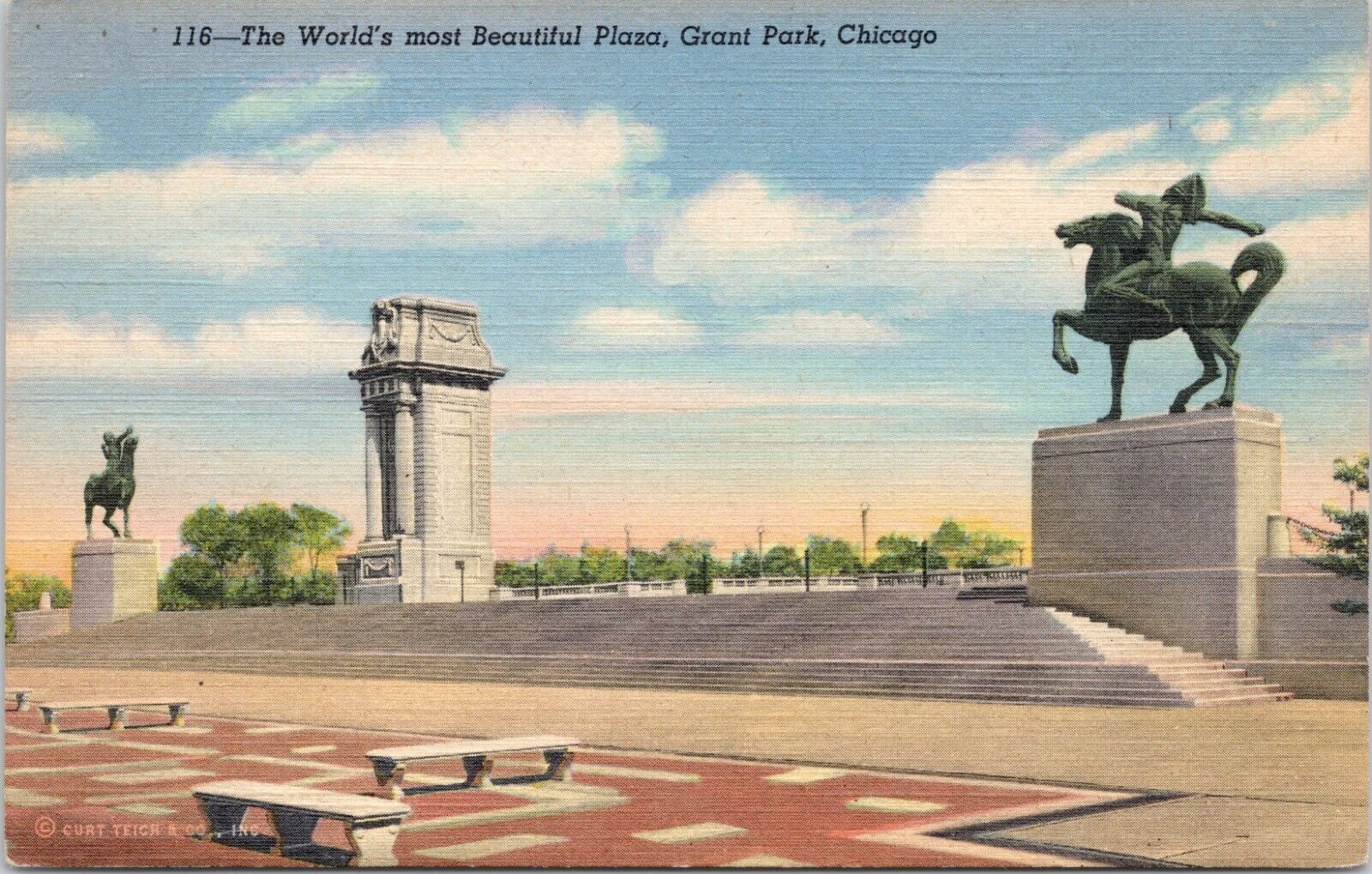 C.1941 Chicago IL Grant Park Plaza Horse Statues Linen Illinois Postcard A423