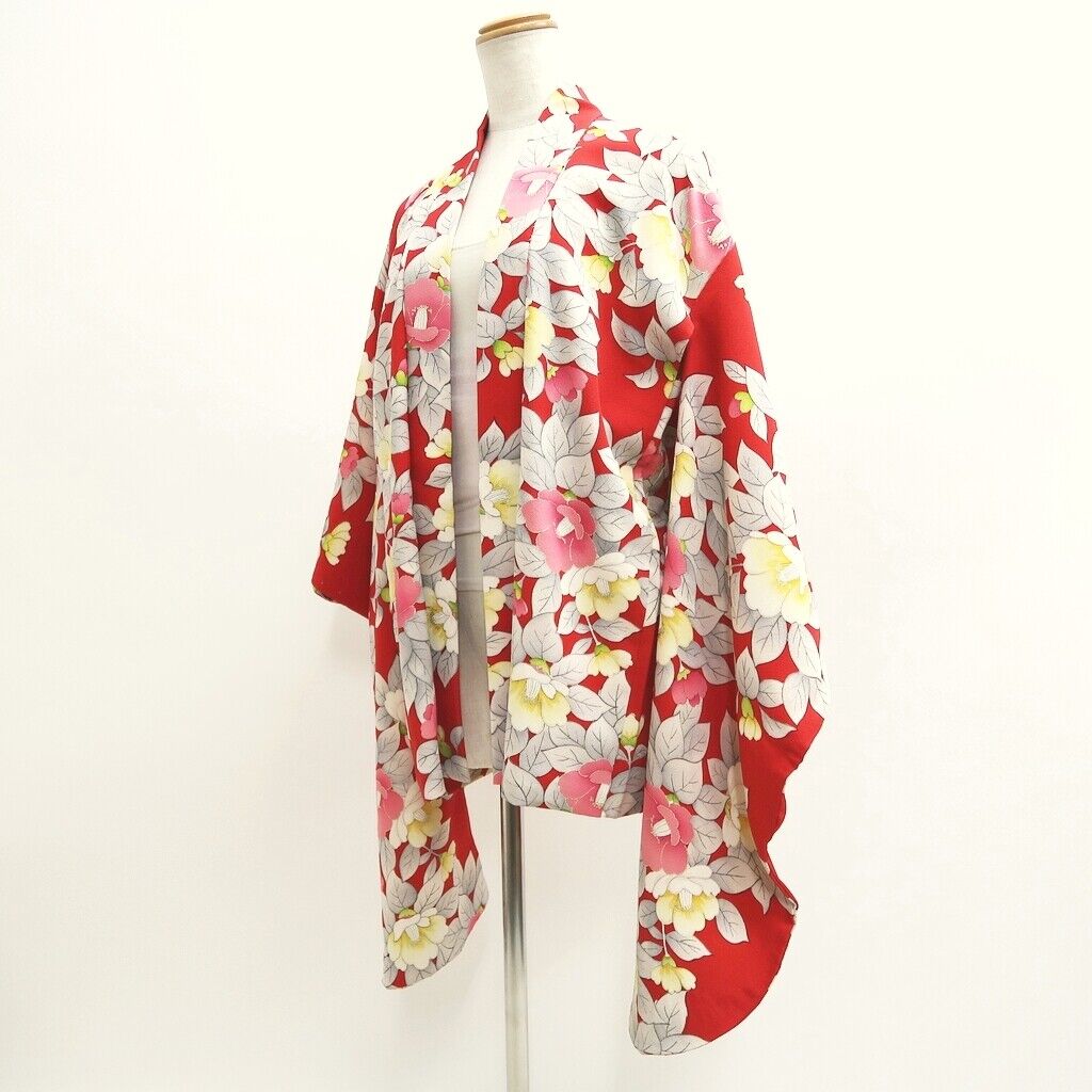 9748A2 Silk Vintage Japanese Kimono Haori Jacket Camellia Long