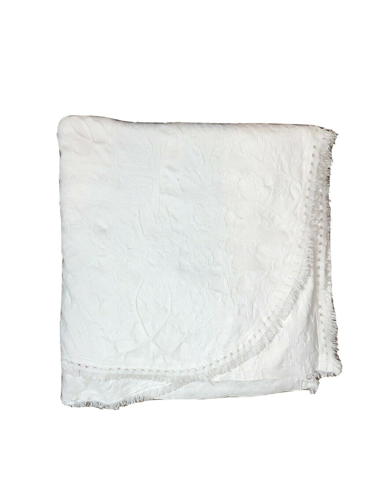 Vintage White Cotton Quilt Blanket Bedspread Woven Fringe Rare 1960s Embroidered