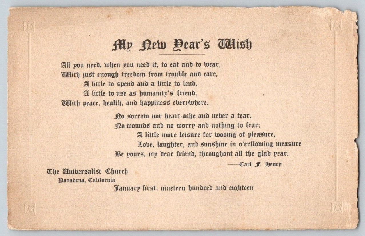 Non Postcard~ 1908 My New Years Wish~ The Universalist Church~ Pasadena, CA