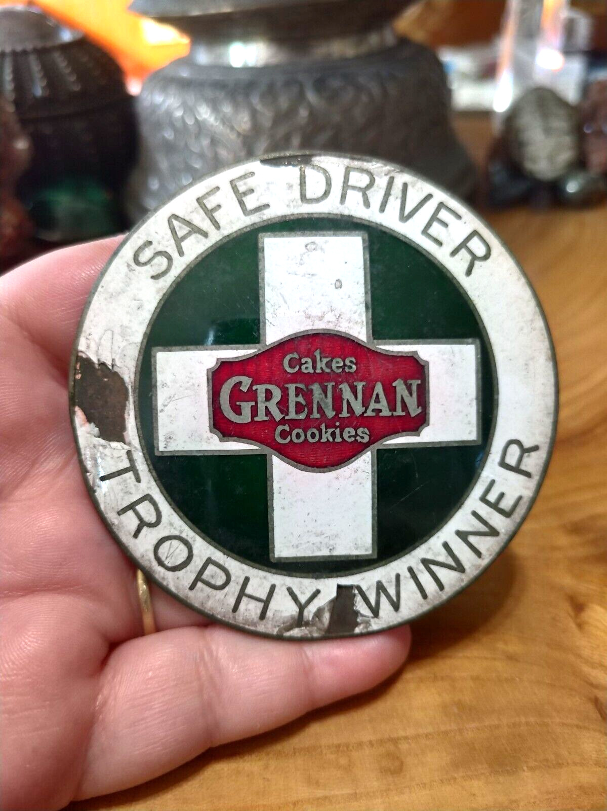 Vintage 1930s SAFE DRIVER trophy winner Grennan bakery enamel advertising