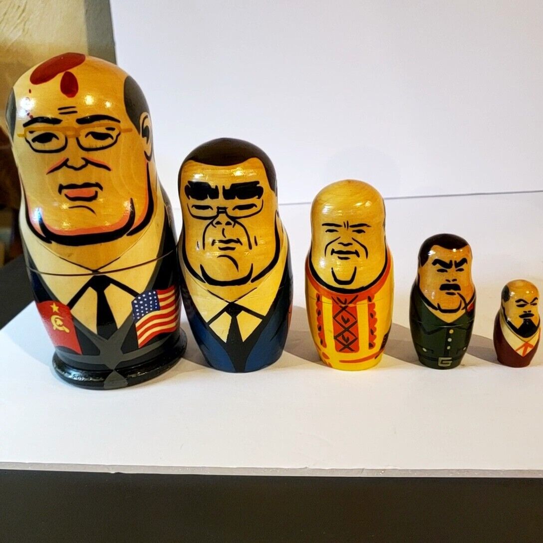Vintage 7” Russian USSR Soviet Union Presidents: 5 Wood Nesting Dolls
