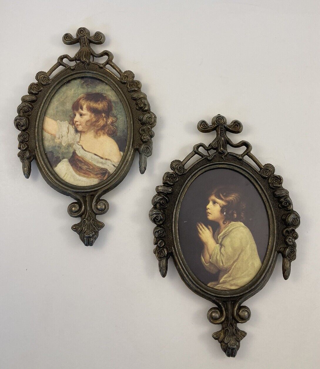 Set of 2 Vintage Victorian Ornate Italy Floral Metal Picture Frames Child Prayer