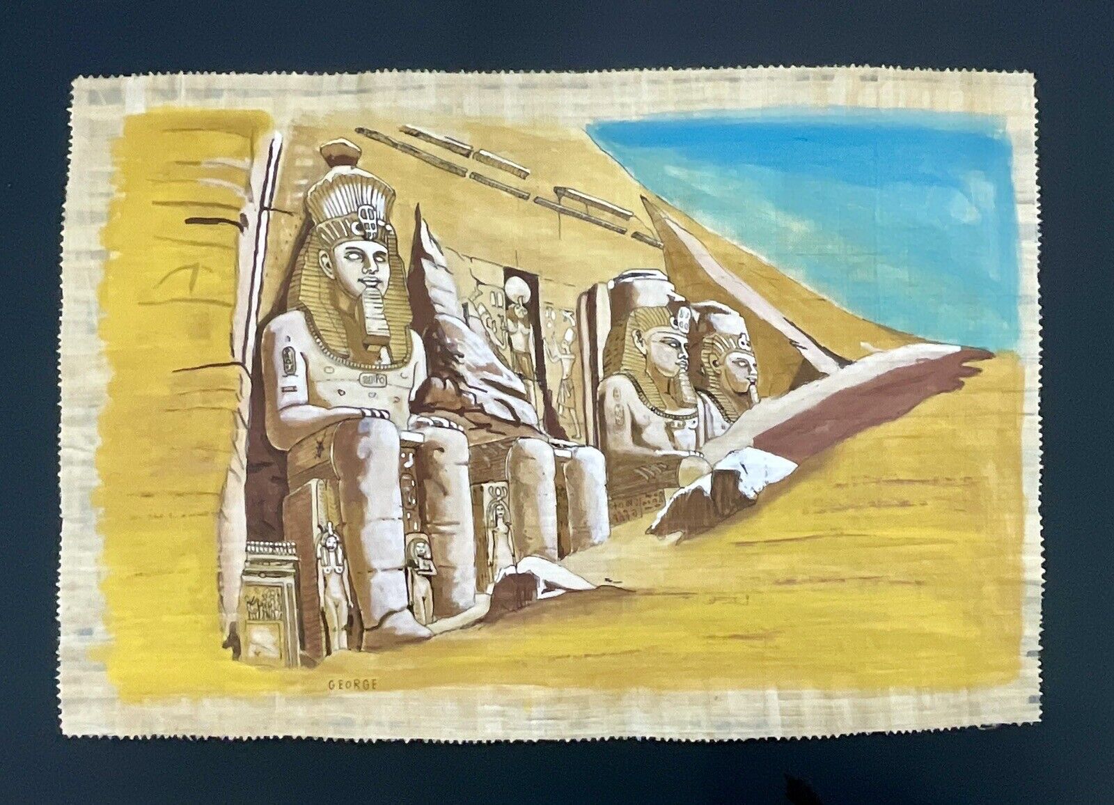 Rare Hand Painted Ancient  Papyrus-Abu Simbel Temple, southern Egypt- 16x24”