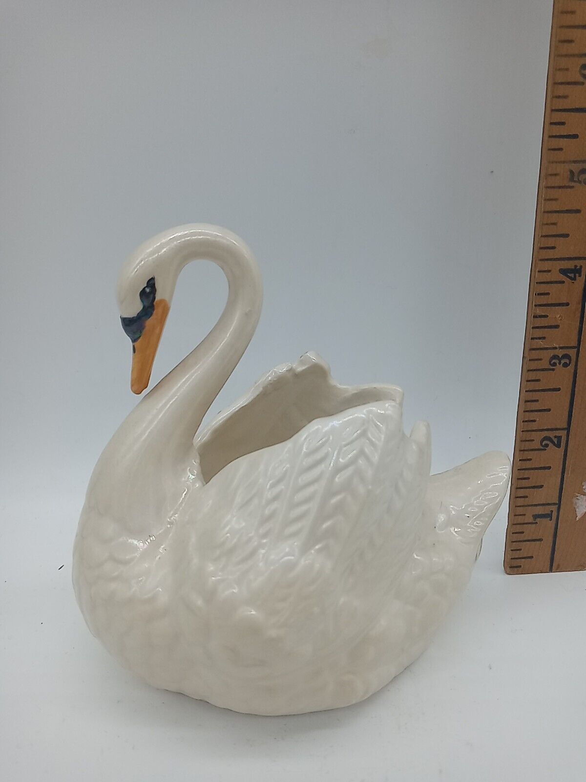 Vintage Holland Mold Ceramic Swan Planter White Iridescent Pearlescent