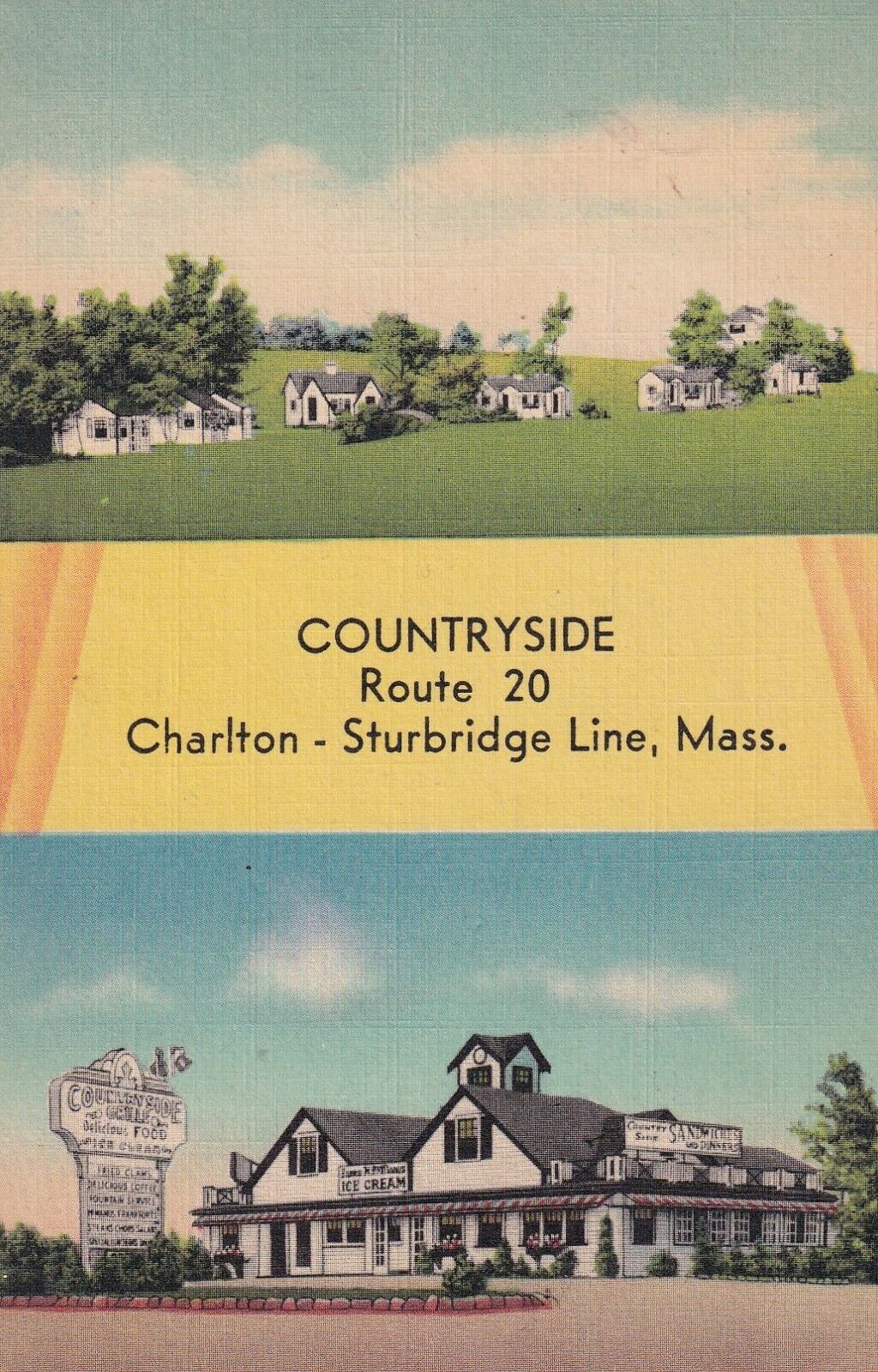 UNPOSTED COUNTRYSIDE ROUTE 20 CHARLTON-STURBRIDGE LINE MASS ,VTG POSTCARD-I517