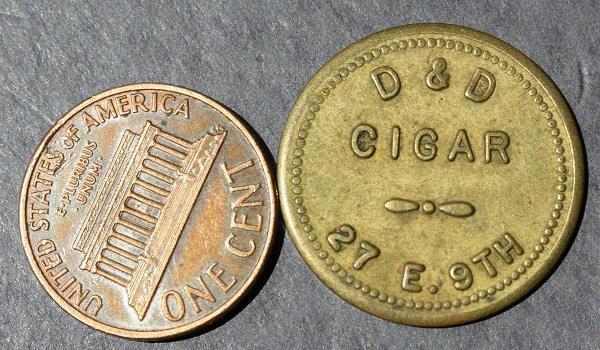 1920-30s Era D & D Cigar Store 5 Cent Nickel Trade Token 27 East Ninth Street --
