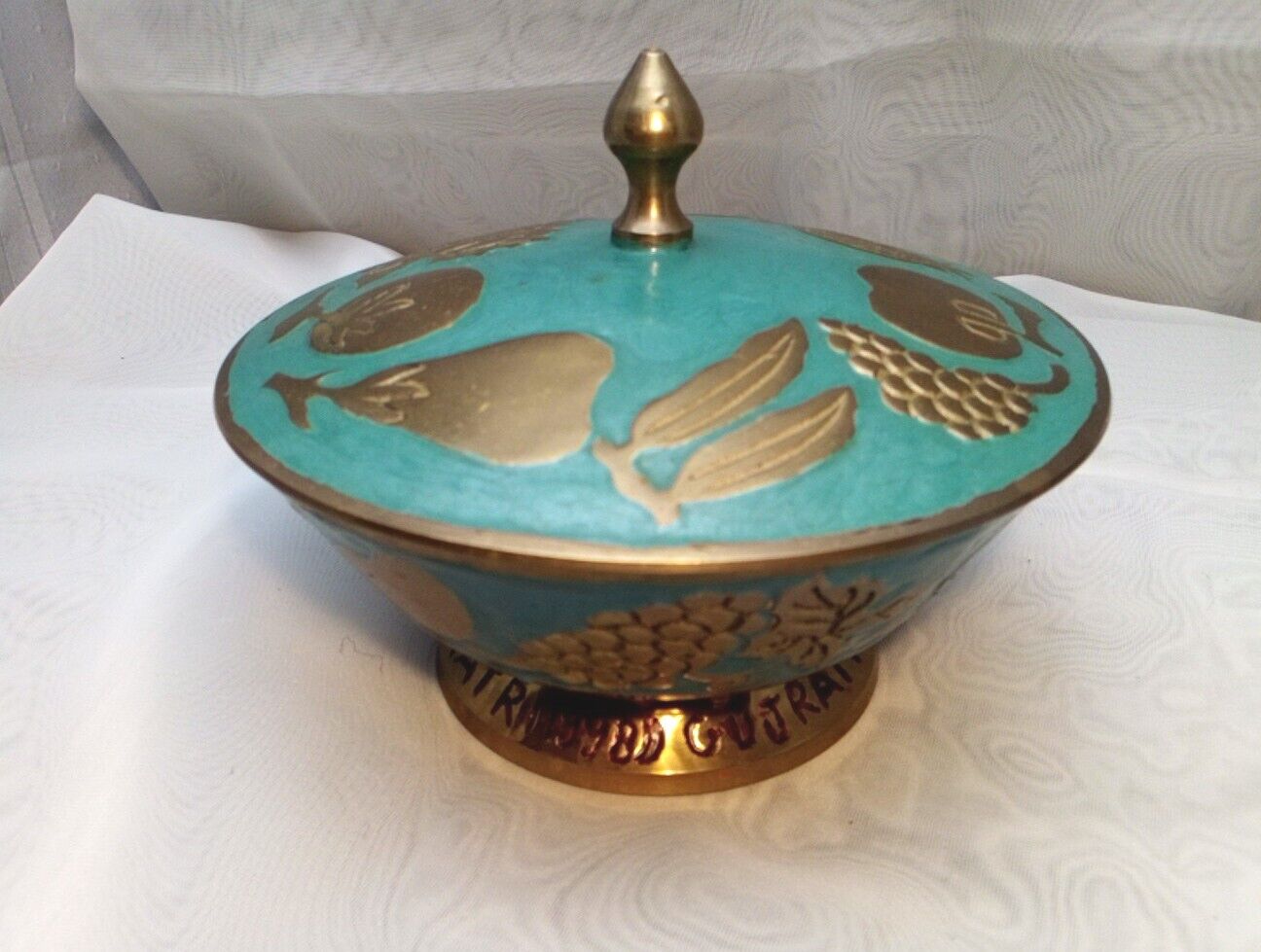 Vintage Solid Brass Covered Teal Enamel Bowl With Lid Cloisonné India 6\