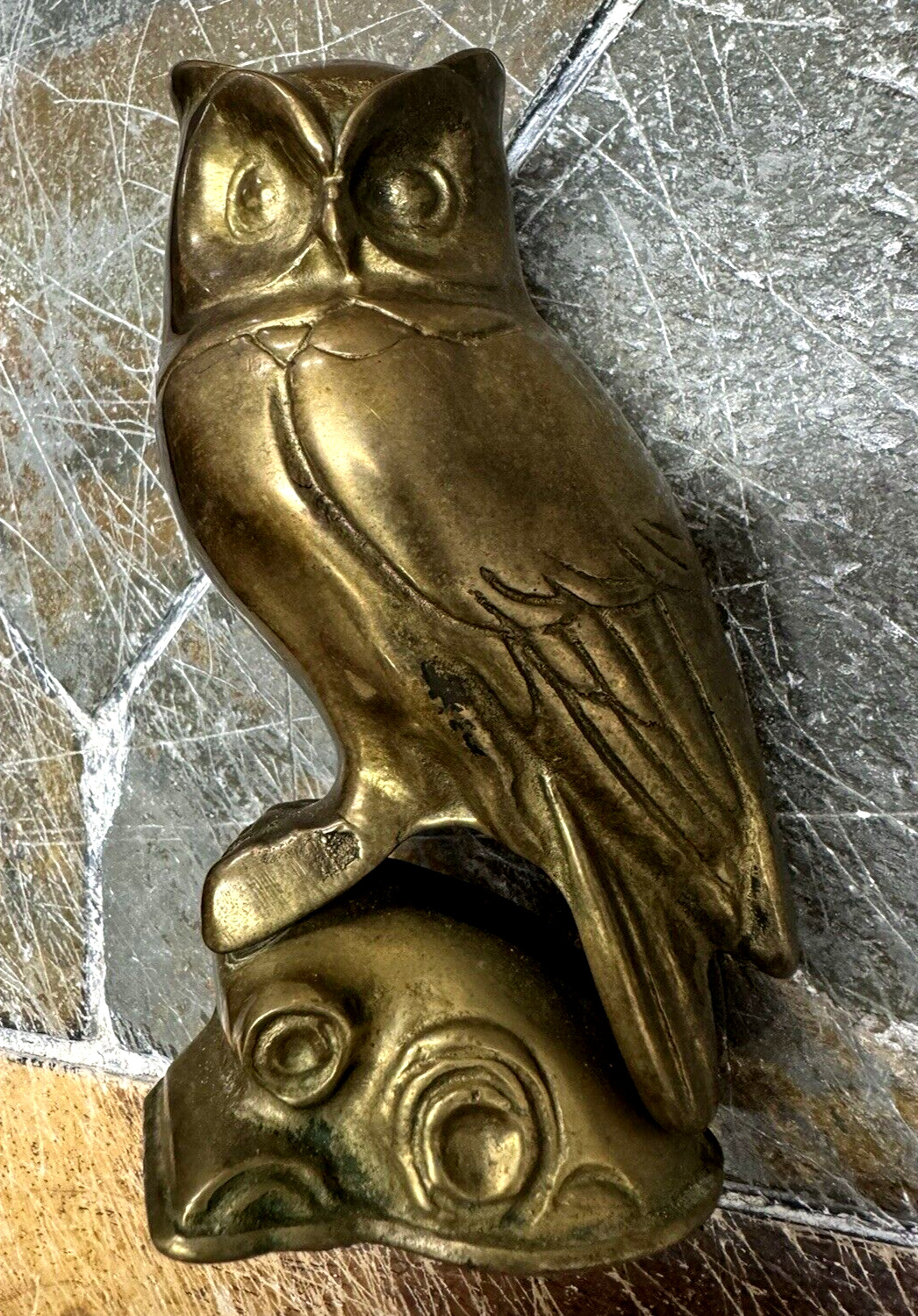Vintage Brass Owl Statue Figure Figurine Perched on Log 6.5\
