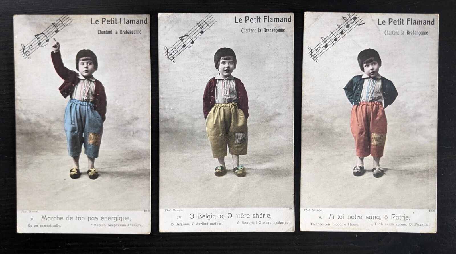 WWI Little Boy Sings Belgium National Anthem La Brabanconne Set of 3 Postcards