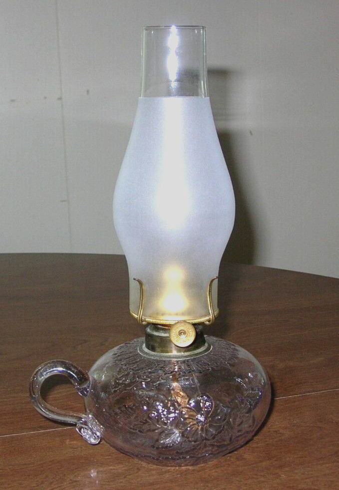 Vintage EAPG Small Finger Hold Clear Embossed Primrose Floral Glass Oil Lamp #34