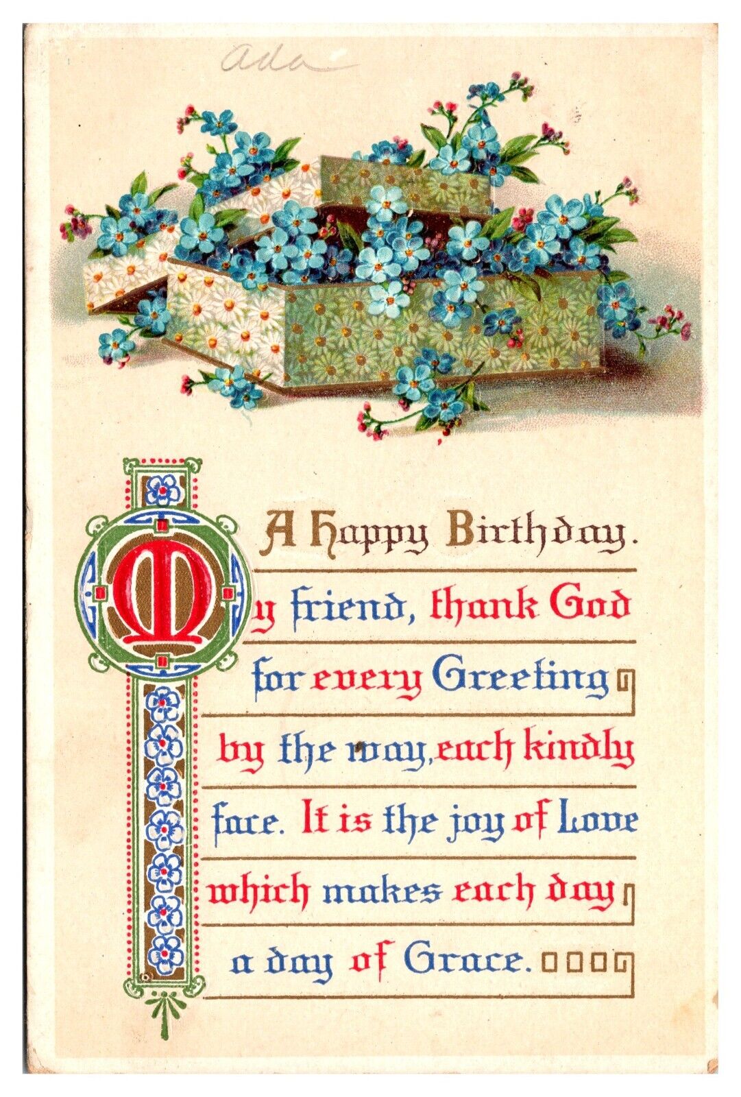 1910 Happy Birthday, Embossed, Box of Flowers, Greetings Postcard