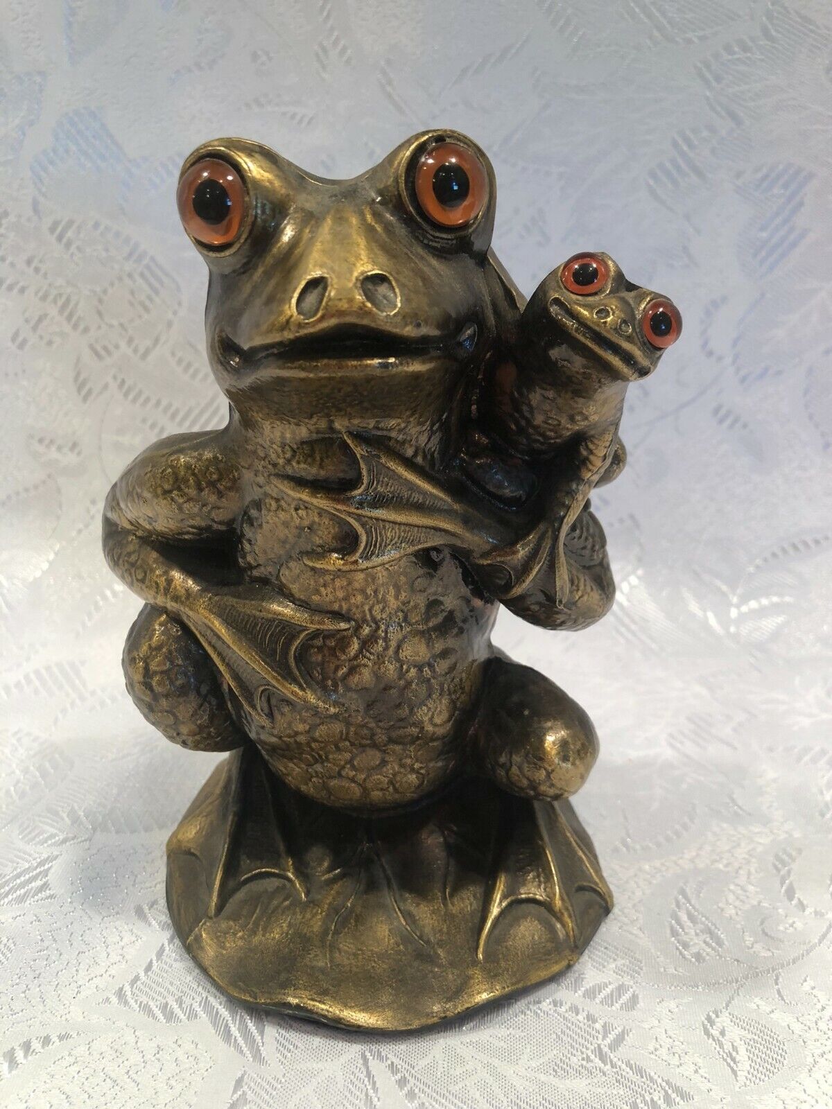 Vintage Happy Frog Mom with Baby Brass/Metal Figurine 7.5” H