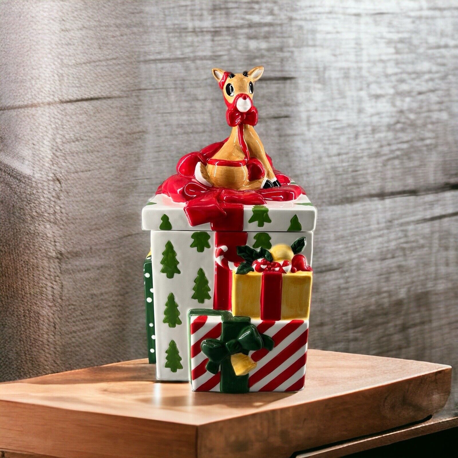 Lenox 2002 Rudolph The Red Nose Reindeer Presents Christmas Cookie Jar 13\