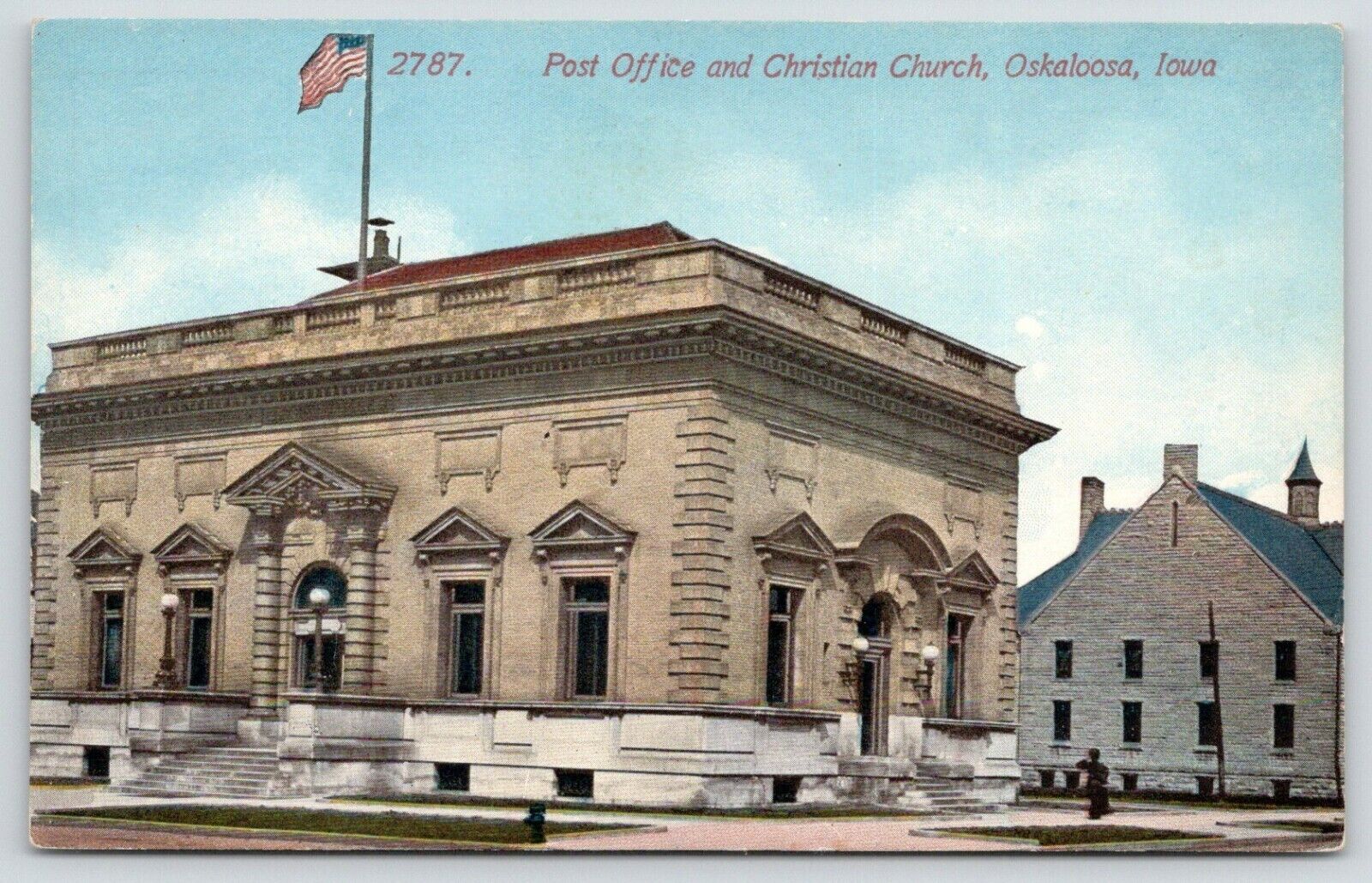 Oskaloosa Iowa~Woman Crossing Between Post Office & Christian Church~c1910