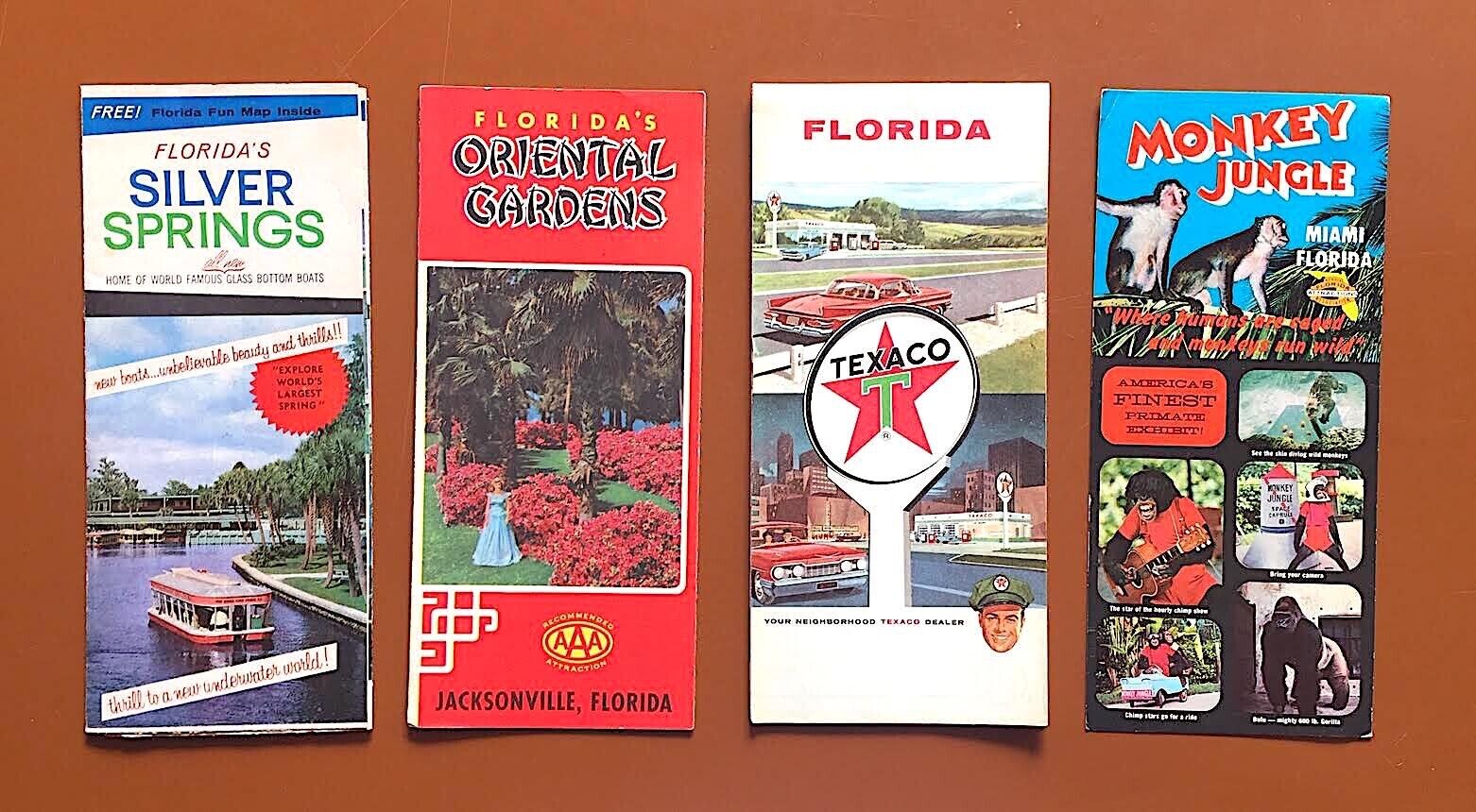 Vintage Map, Tourist Brochures for Florida: Silver Springs, Monkey Jungle, Orien