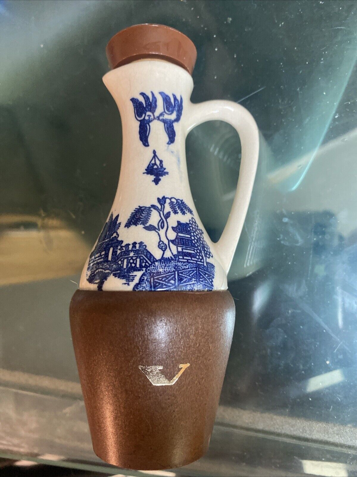 Vintage Ceramics Vinegar Jar 1970 Decor Kitchen Hand Painted Vase Base Wood 5\