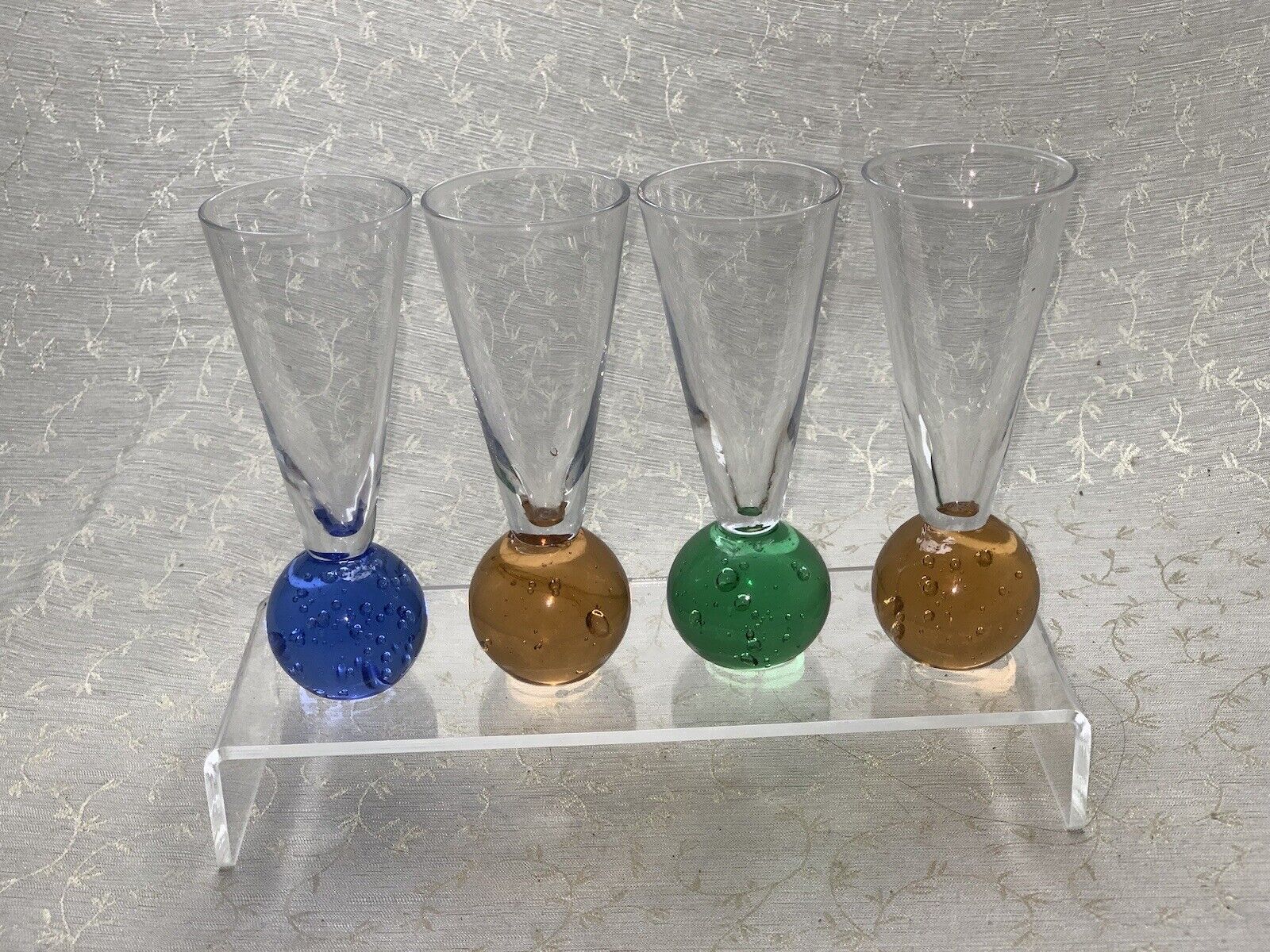 Vintage Cordial / Shot Art Glasses Bubble Ball Bottom Base set of 4 Colored 4.5\