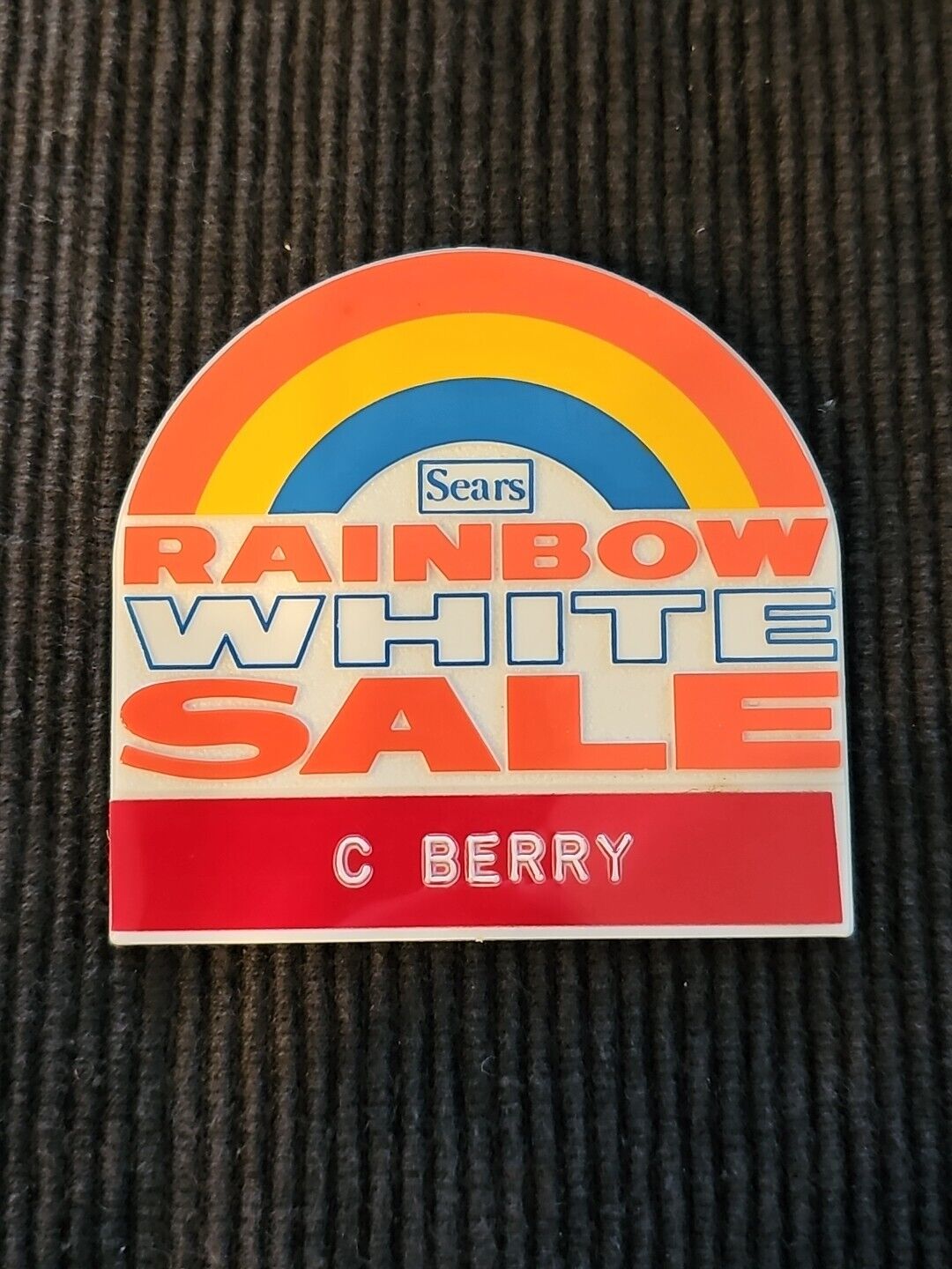 Vintage Sears Associate Employee ID Name Tag Badge Rainbow White Sale Rare