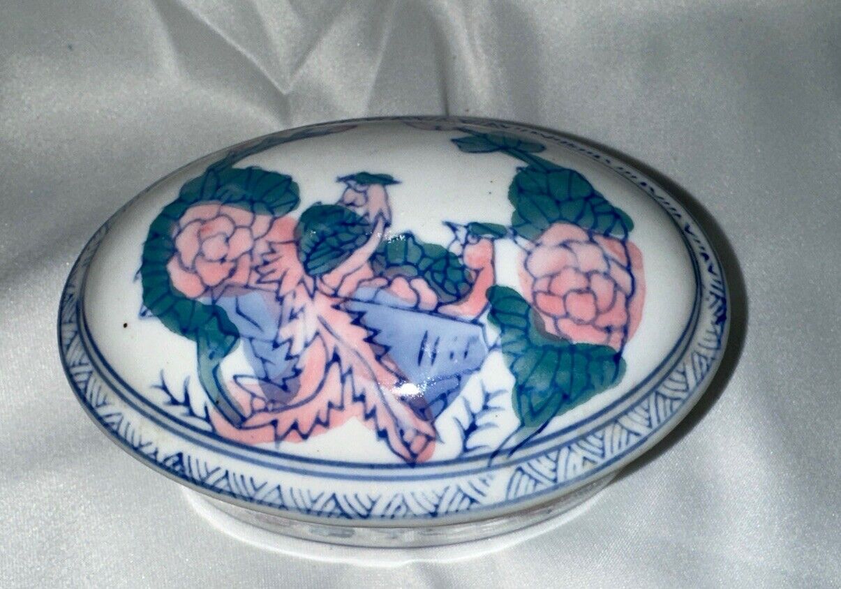 Vintage Chinese Trinket Oval Box  LotusFlowers  Birds Porcelain 4.5”