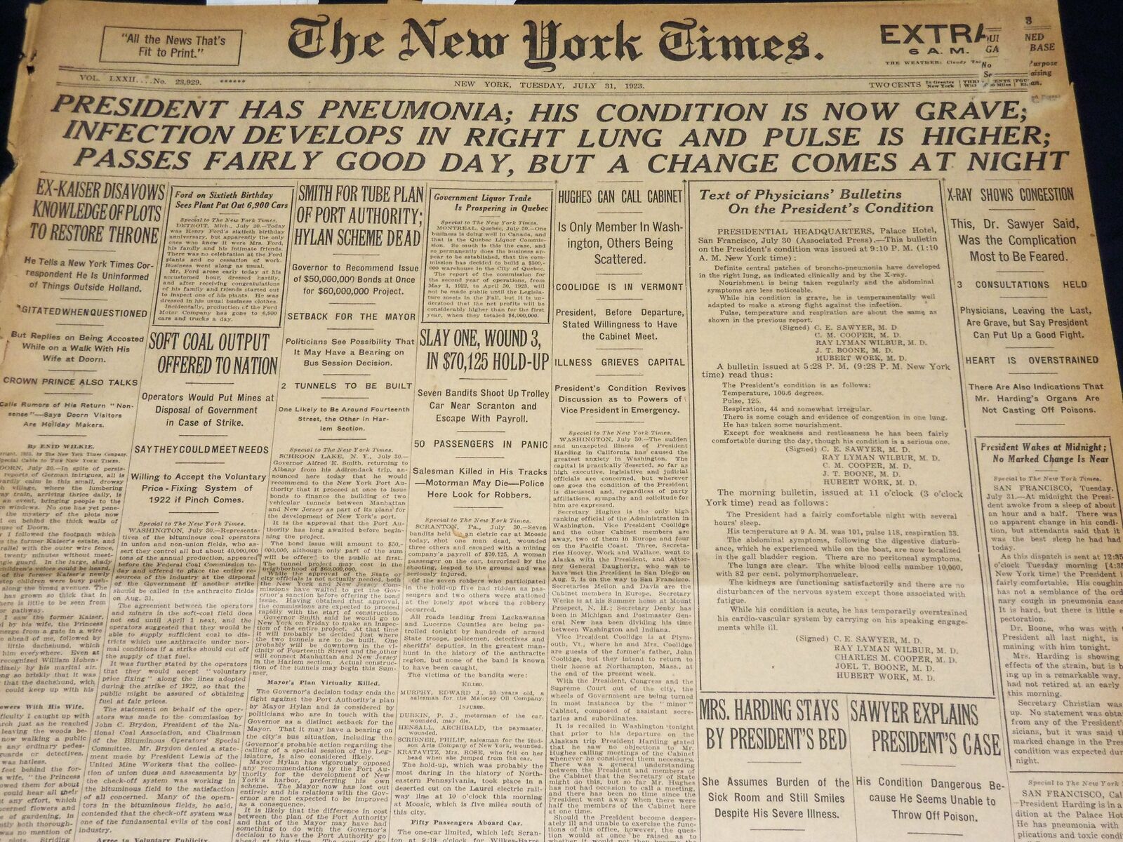 1923 JULY 31 NEW YORK TIMES - PRESIDENT HAS PNEUMONIA - CONDITION GRAVE- NT 7750