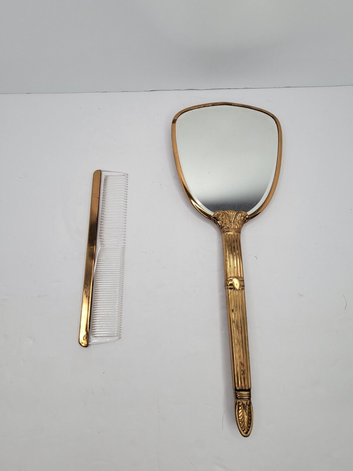 Vintage Hand Mirror Art Deco Gold Embroidered Vanity with Comb