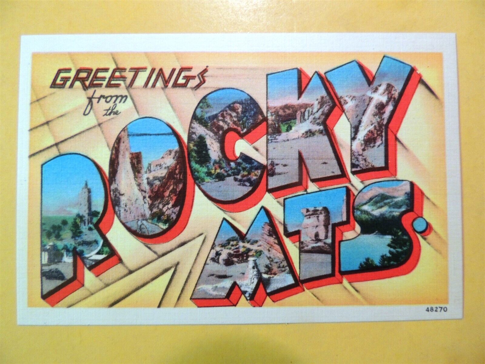 Greetings from the Rocky Mts. vintage large letter linen postcard