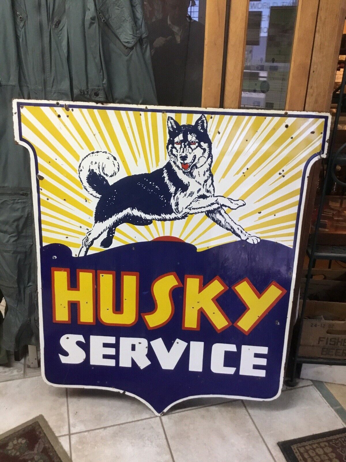 Rare Vintage Husky Service Double Sided Porcelain Shied Sign 48 by 42 Large WOW
